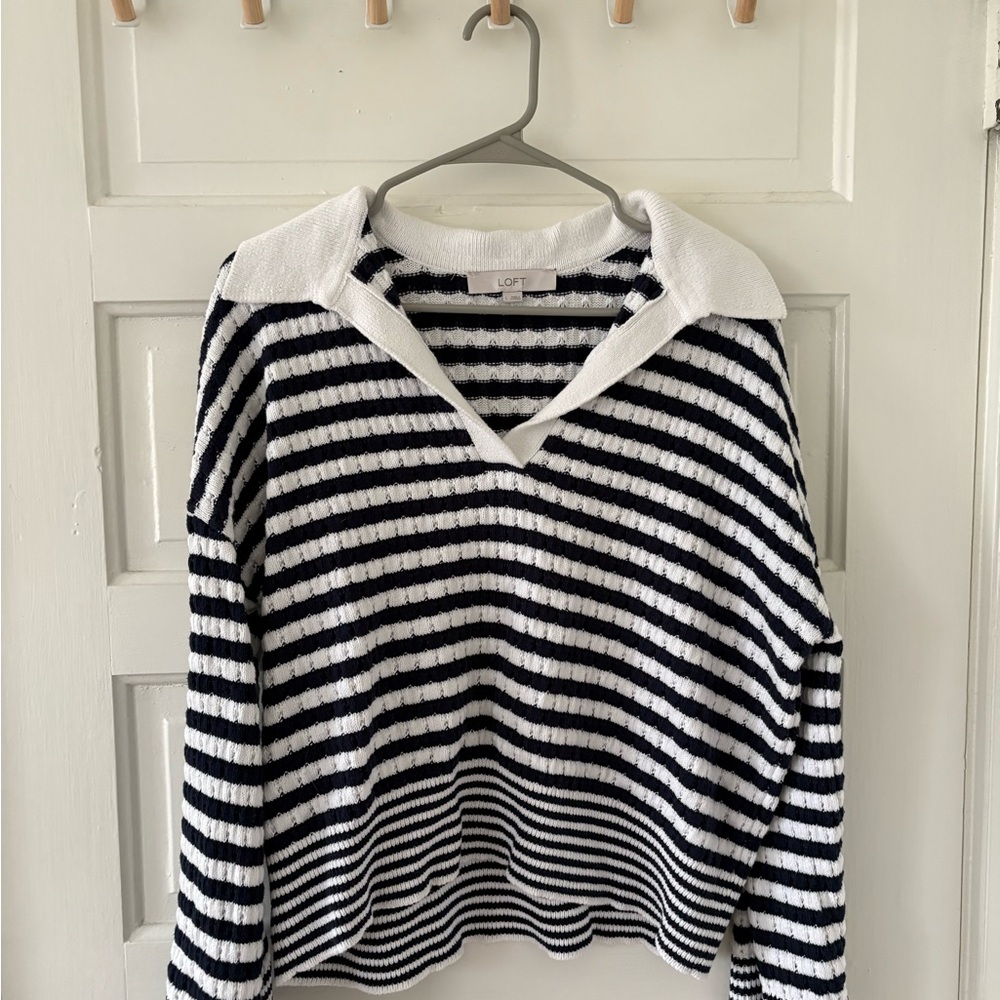 LOFT Navy and White Striped Polo-Knit Sweater